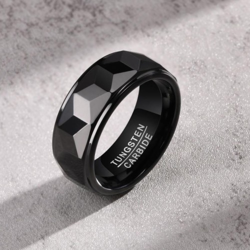Anello anello da uomo in tungsteno nero - sfaccettature pigre geometriche