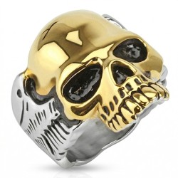 Grosse Chevalière Homme Acier - Bague Tête de Mort Biker Plaqué Or