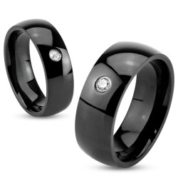 Bague Alliance Femme Homme Mixte Acier Noir - Zircon Solitaire & Gravure