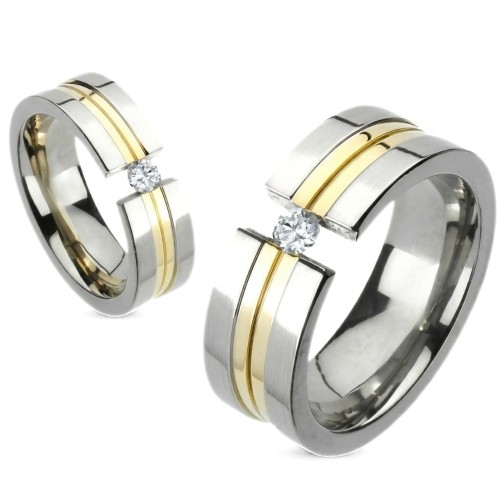 Titanium Mixed Man Mixed Titanium Ring - Gold Strip & Solitaire Zirconia