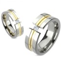 Titanium Mixed Man Mixed Titanium Ring - Gold Strip & Solitaire Zirconia