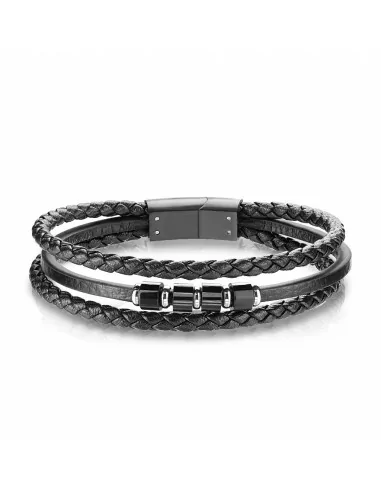 Bracelet man leather black braided triple ties and clasp magnet steel 20cm