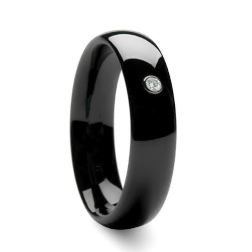 Bague Alliance Femme Mixte Acier Noir - Zircon Solitaire & Gravure largeur 6mm