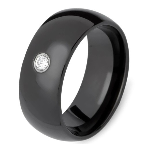 Bague Alliance Femme Homme Mixte Acier Noir - Zircon Solitaire & Gravure Largeur 8mm