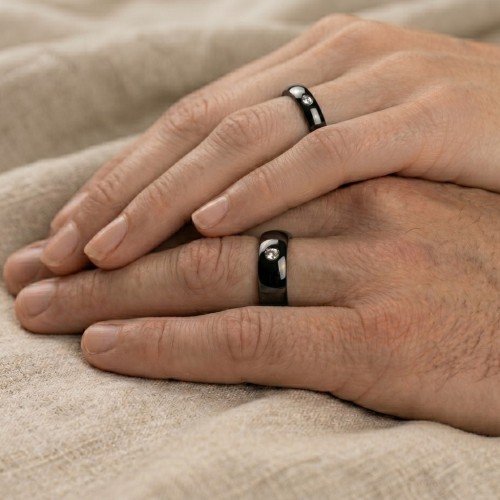 Bague Alliance Femme Homme Mixte Acier Noir - Zircon Solitaire & à Graver