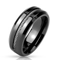 Schwarzer Edelstahl-Mann-Ring - verdrehtes Kabel eingelegt und -gravur