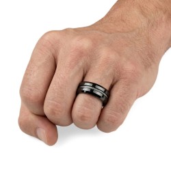 Black Stainless Steel Man Ring - Twisted Cable Inlaid & Engraving 2