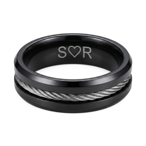 Anillo de hombre de acero inoxidable negro - Cable torcido con incrustaciones en el interior