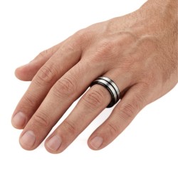 Anello in titanio in titanio in titanio con doppio grigio spazzolato grigio strisce argento 2