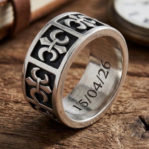 Bague Homme Acier Inoxydable - Anneau Fleur de Lys Royale à Gravée à l'Intérieur