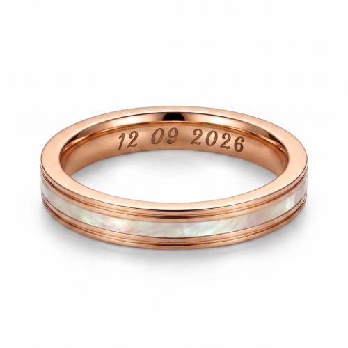 Alianza Femenina de acero rosa de oro y tira de Nacre que ilustra su interior listo para recibir su grabado láser personalizado