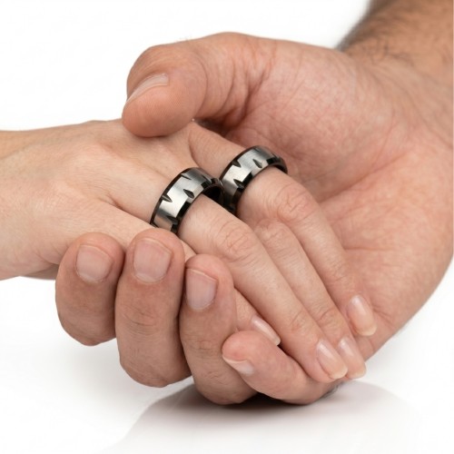 Alliance Couple Acier Inoxydable Avec Anneau Bicolore Argent & Noir à Encoches