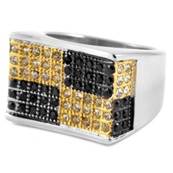 Chevalière Homme Acier Inoxydable - Bague Bling-Bling Damier Noir & Or