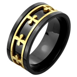 Bague Anti-Stress Homme Acier Inoxydable - Anneau Tournant Noir & Croix Or