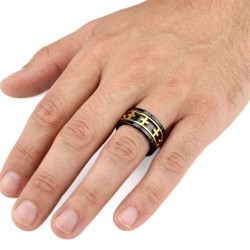 Bague Anti-Stress Homme Acier Inoxydable - Anneau Tournant Noir & Croix Or 2