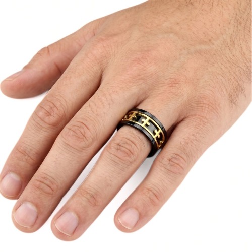 Anello da stress anti-stress in acciaio inox - rotondo nero e croce oro