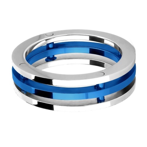 Bague 3 Anneaux Homme Acier Inoxydable Avec Design Mécanique Bleu & Argent