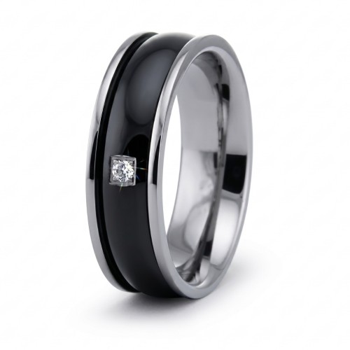 Black & Silver 7mm Titanium Man Ring - Engagement Ring with Zircon