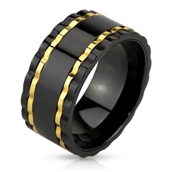Anti-Stress Man Stainless Steel Ring - Round Round Black & Gold Gear