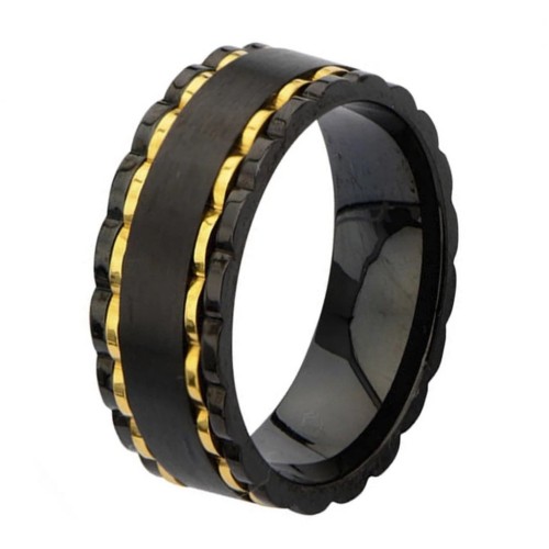 Anello anti-stress per uomo in acciaio inox - Gear rotante rotondo nero e oro