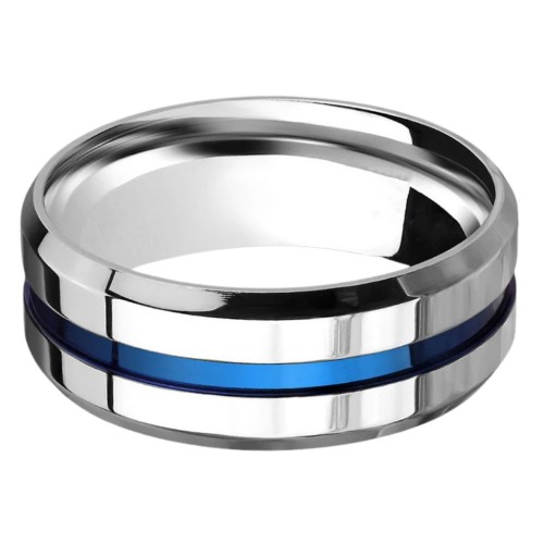 Bague Pour Homme Acier Poli Alliance à Rainure Bande Centrale Bleu - Anneau de Fiançailles