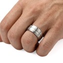 Engaged titanium man engagement ring with embossed ring to engrave