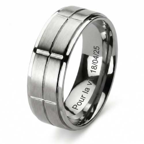 Engaged Titanium Man Engagement Ring - Custom Embossed Ring