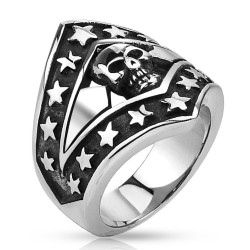 Bague chevalière biker pour homme en acier inoxydable vieilli avec tête de mort et étoiles