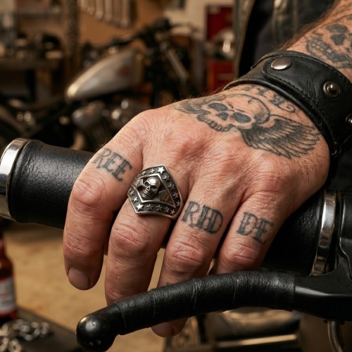 Anillo de biker de acero inoxidable de acero inoxidable con grúa y estrellas