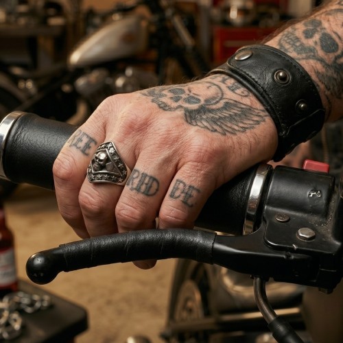 Biker Anello per motociclisti per uomo in acciaio inox con testa di morte e stelle