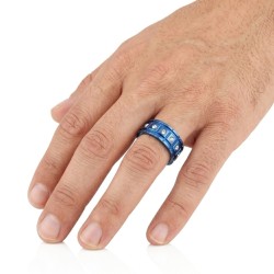 Mannring in blauem Edelstahl lackiert mit rechteckigen Segmenten und Kristallsteinen 2