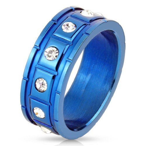 Effetto laccato anello blu dell'acciaio inossidabile degli uomini con segmenti rettangolari e pietre di zirconi