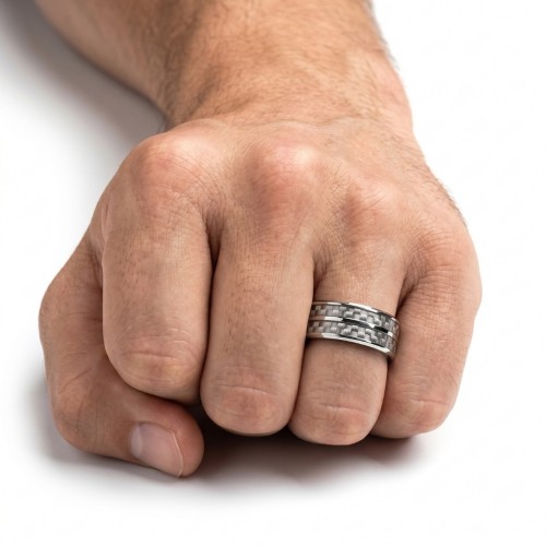 Bague pour homme en titane argenté avec double bande en fibre de carbone blanche
