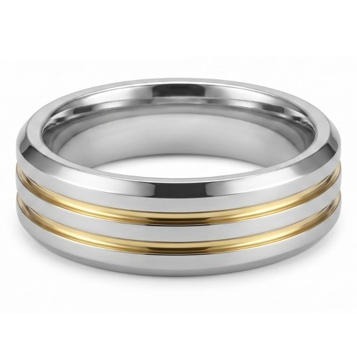 Anello di fidanzamento dell'uomo lucido argento decorato con due fini linee dorate