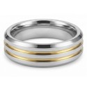 Silver polished man engagement ring decorated with two fine golden lines