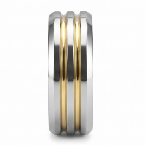 Anillo de compromiso del hombre pulido de plata adornado con dos líneas de oro finas