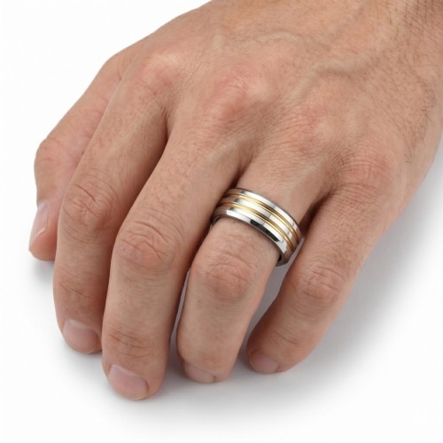 Anillo de compromiso de hombre para titanio pulido de plata decorado con dos líneas de oro fino