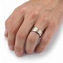 Man engagement ring for silver polished titanium decorated with two fine gold lines