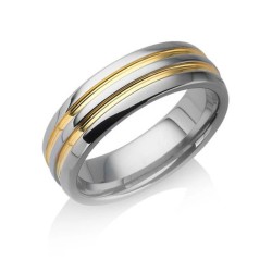 Anello di fidanzamento dell'uomo in titanio lucido argento decorato con due linee dorate fine