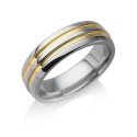 Man engagement ring in silver polished titanium decorated with two fine golden lines