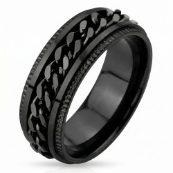 Men's anti-stress ring in black stainless steel with rotary gourmet chain