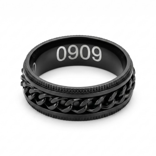 Men's stress anti-stress ring black color with engraved rotary gourmette chain