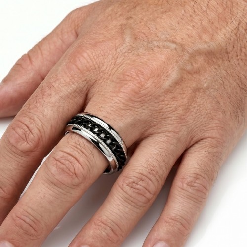 Anillo de ansiedad del hombre de dos tonos de plata con cadena negra giratoria