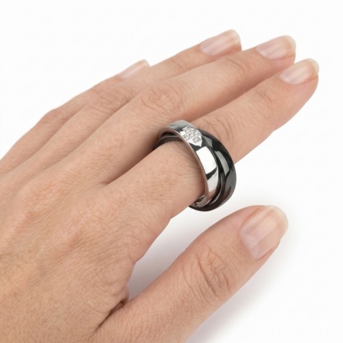 Anello di fidanzamento in acciaio inossidabile da donna con anelli intrecciati in nero e argento