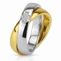 Anello di fidanzamento della donna con due anelli intrecciati in argento e acciaio dorato