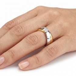 Bague de fiançailles femme avec deux anneaux entrelacés en acier argenté et doré 2