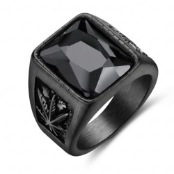 Caballero para hombres en acero inoxidable negro con piedra de ónix y hoja de cannabis