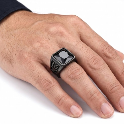 Grosse bague masculine avec pierre de synthèse noire rectangulaire brillante