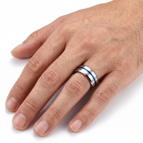 Silver polished tungsten carbide ring adorned with an ionized vibrating blue band