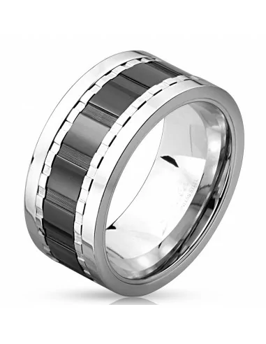 Bague anneau homme acier bicolore bande centrale noire rotative 10mm
